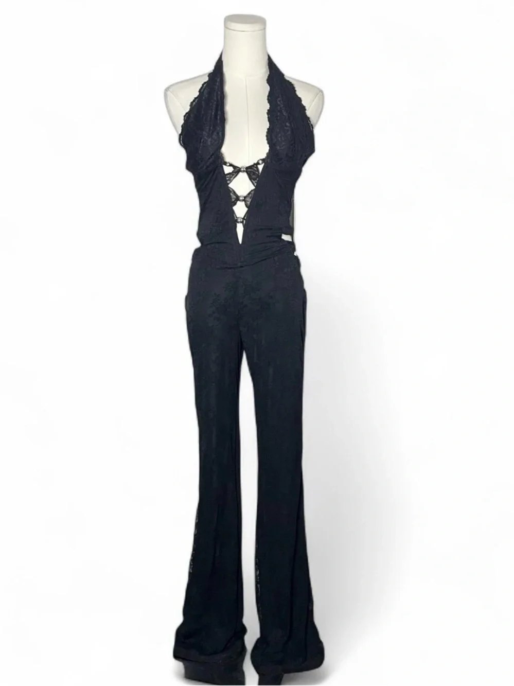 NEW Outcast Lace Up Halter Jenna Jumpsuit in Black Floral Lace